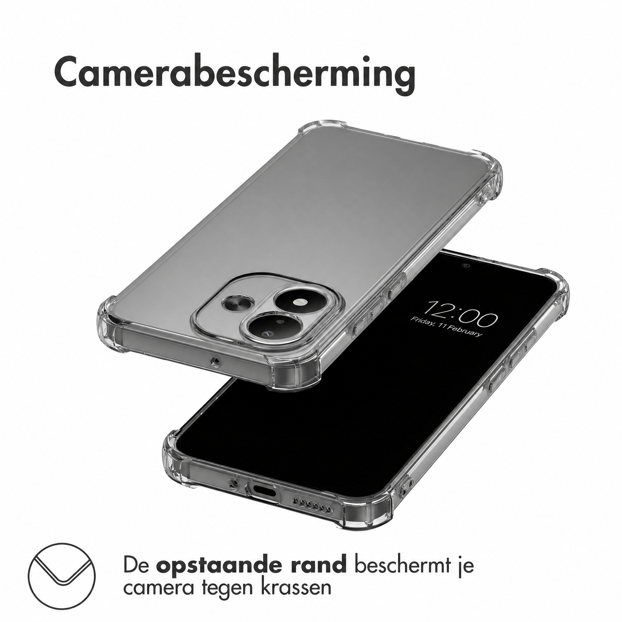 Transparant hoesje voor een smartphone met opstaande camerarand.