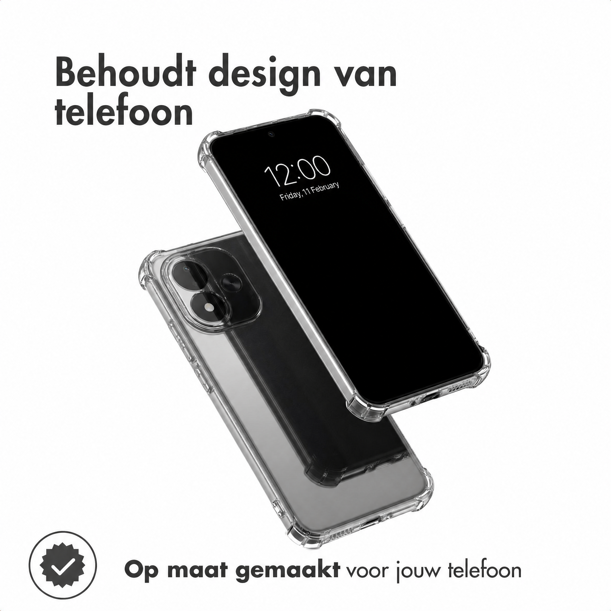 Twee telefoons in doorzichtige beschermhoesjes zwevend tegen een witte achtergrond.