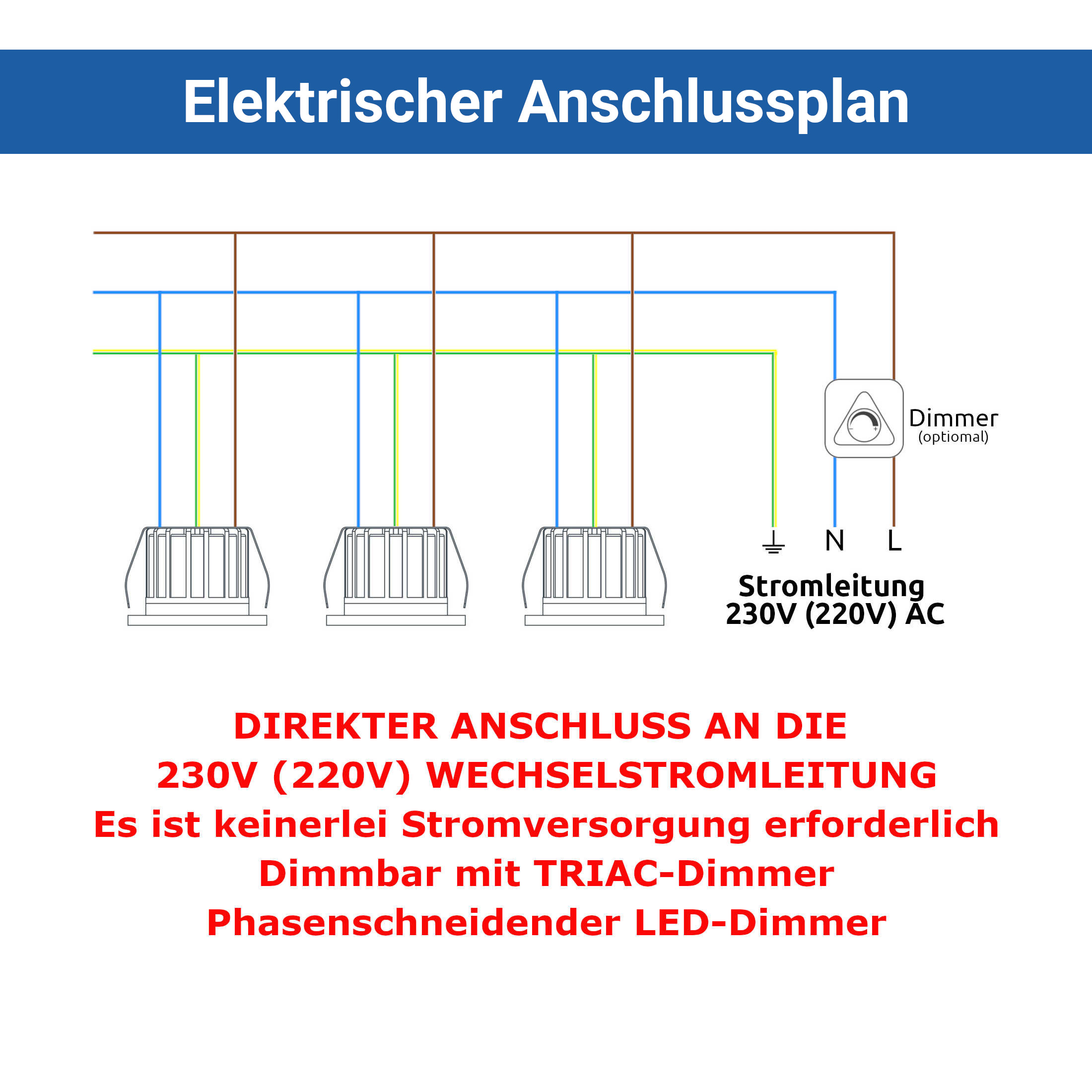 Schema di cablaggio che mostra il collegamento elettrico per luci LED con dimmer opzionale.