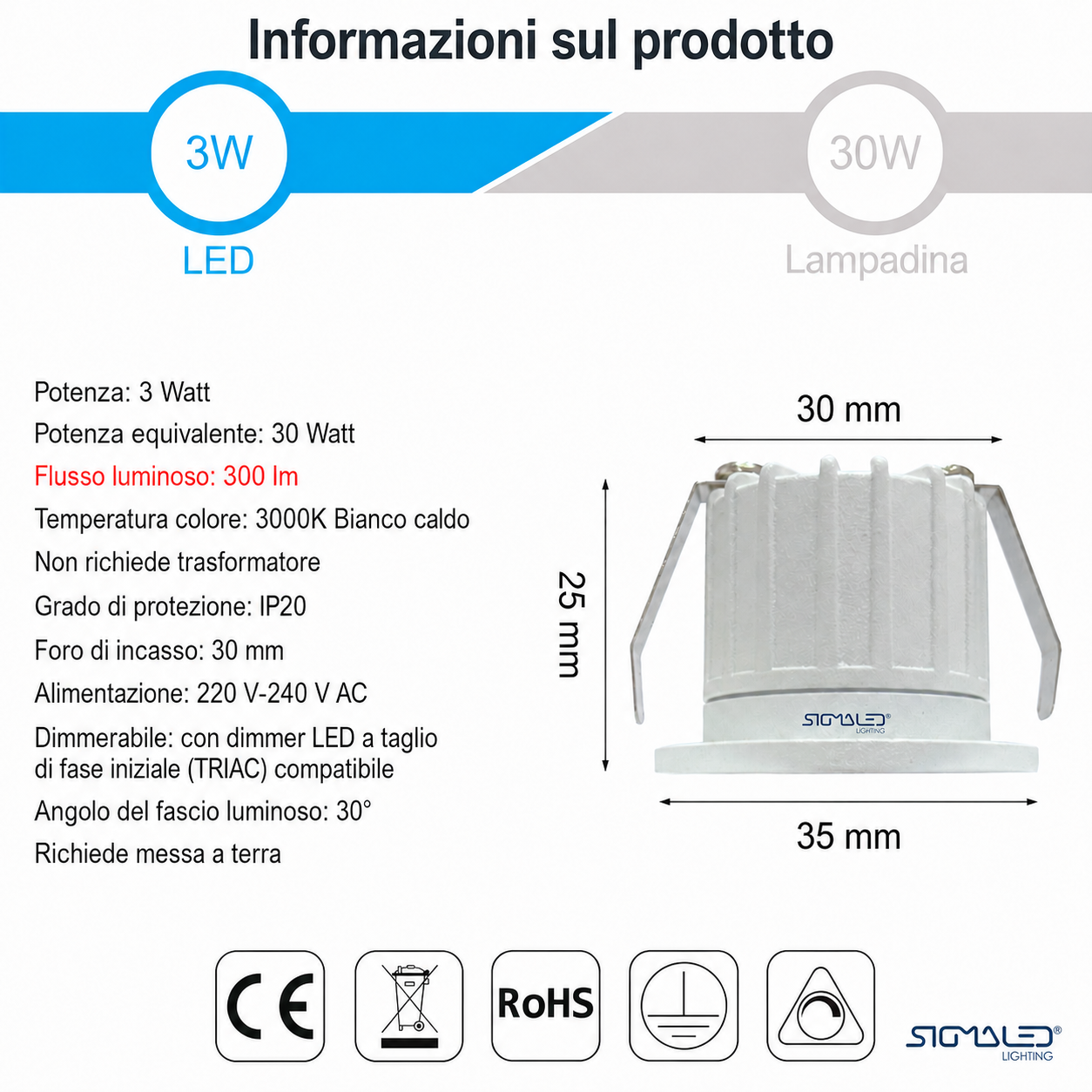 Scheda informativa per faretto LED da 3W, con specifiche tecniche e dimensioni di 35 mm di larghezza e 25 mm di altezza.