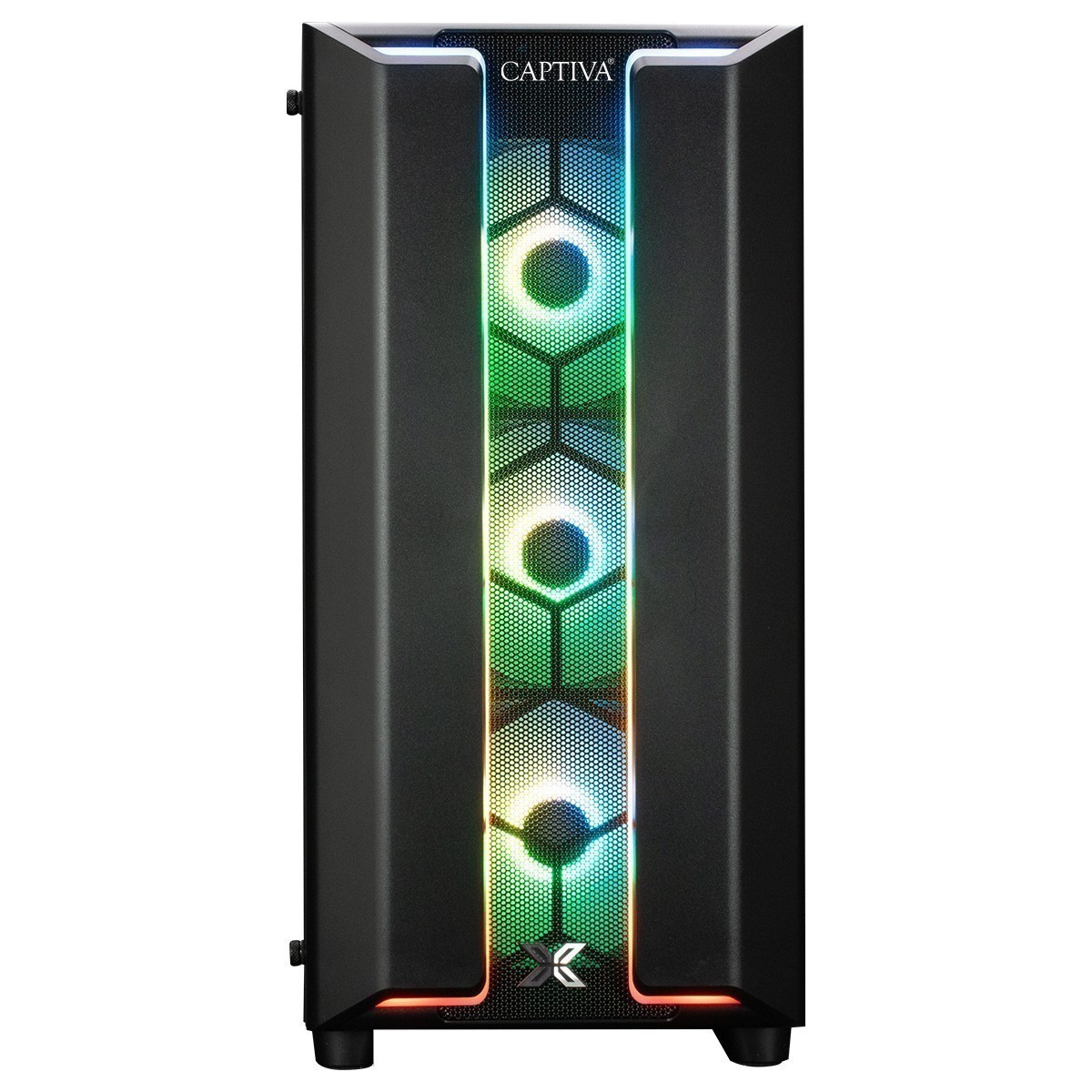 Boîtier de PC Captiva noir avec une bande lumineuse RGB verticale et trois ventilateurs éclairés à l'avant.
