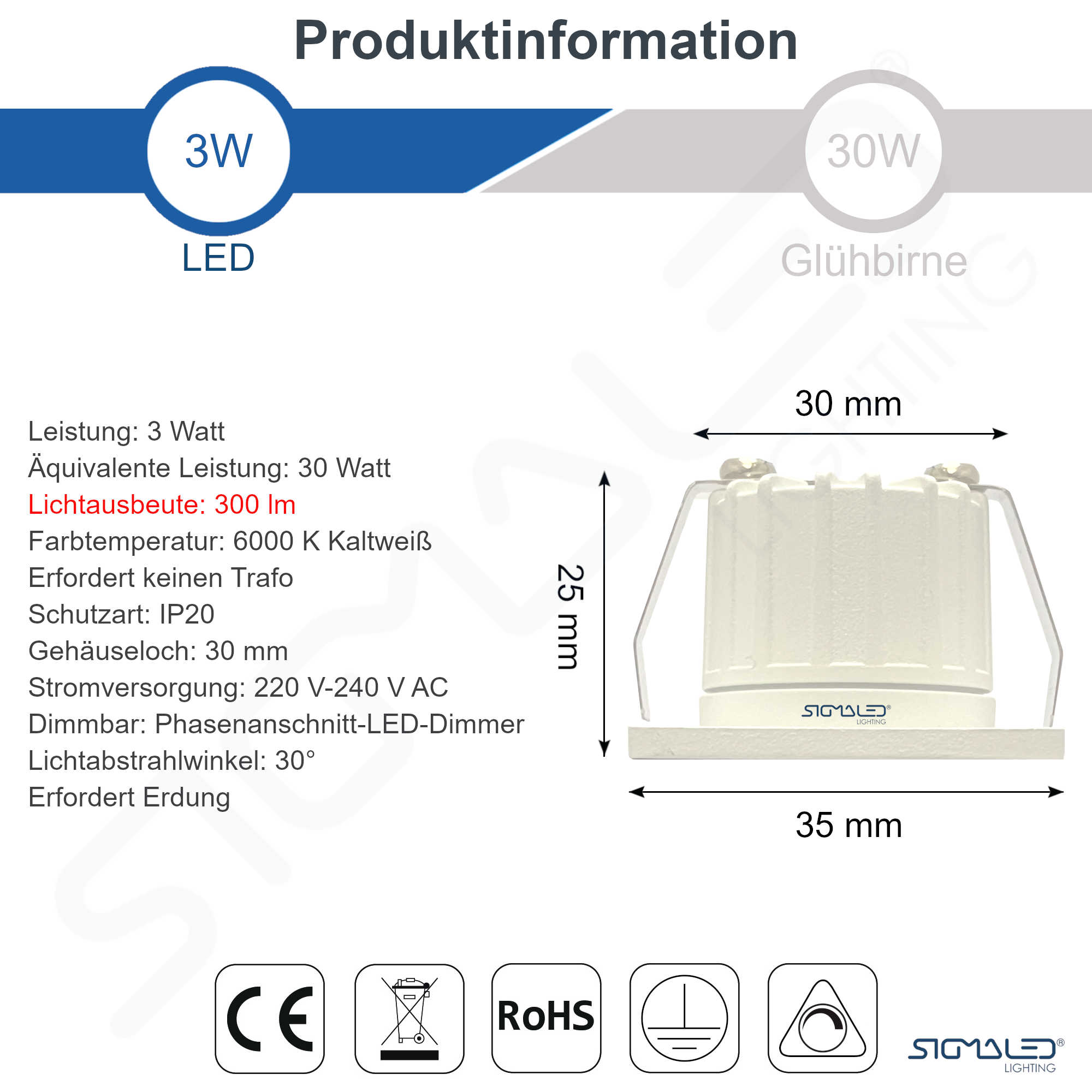 Dati tecnici e dimensioni di un faretto LED bianco da incasso da 3W con icone.