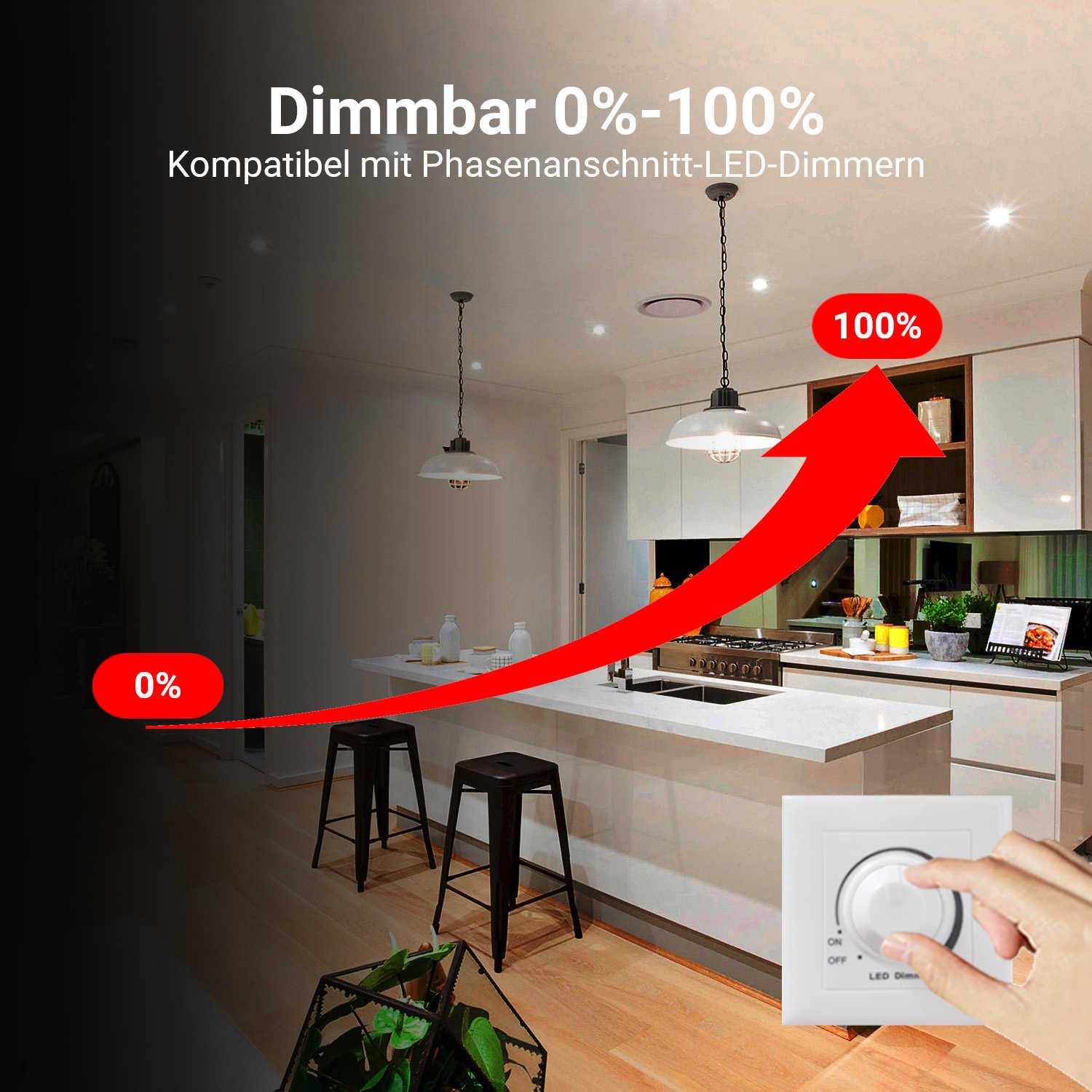 Cucina moderna con lampade a sospensione e una freccia rossa che mostra la dimmerazione dallo 0% al 100%.