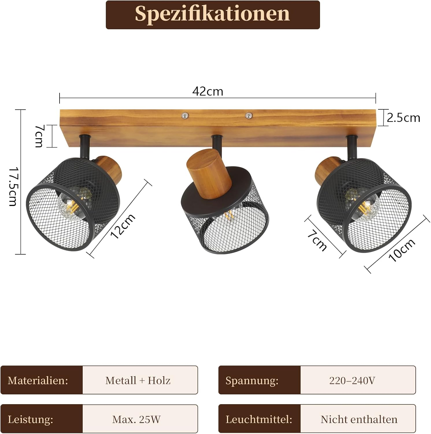 Technische Zeichnung einer Deckenlampe mit Maßen, Holzbalken und drei schwarzen Metall-Gitterspots.
