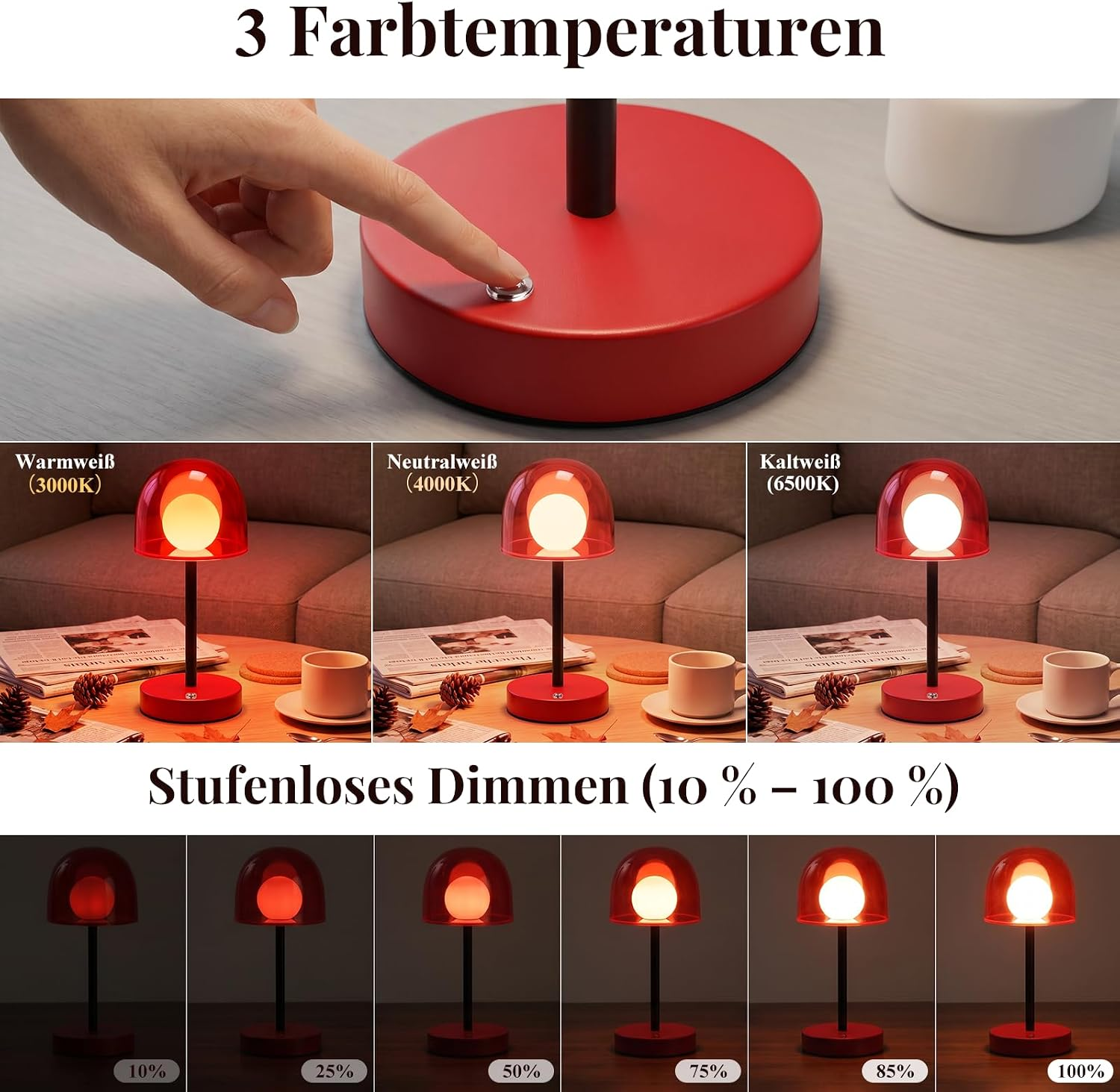 Hand drückt Schalter einer roten Lampe, darunter drei Farbtemperaturen und Stufenloses Dimmen von 10% bis 100%.