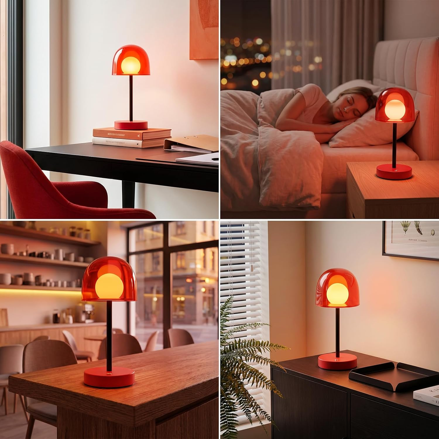 Eine moderne rote Tischlampe wird in verschiedenen Innenräumen wie Schreibtisch, Schlafzimmer, Restaurant und Schrank gezeigt.