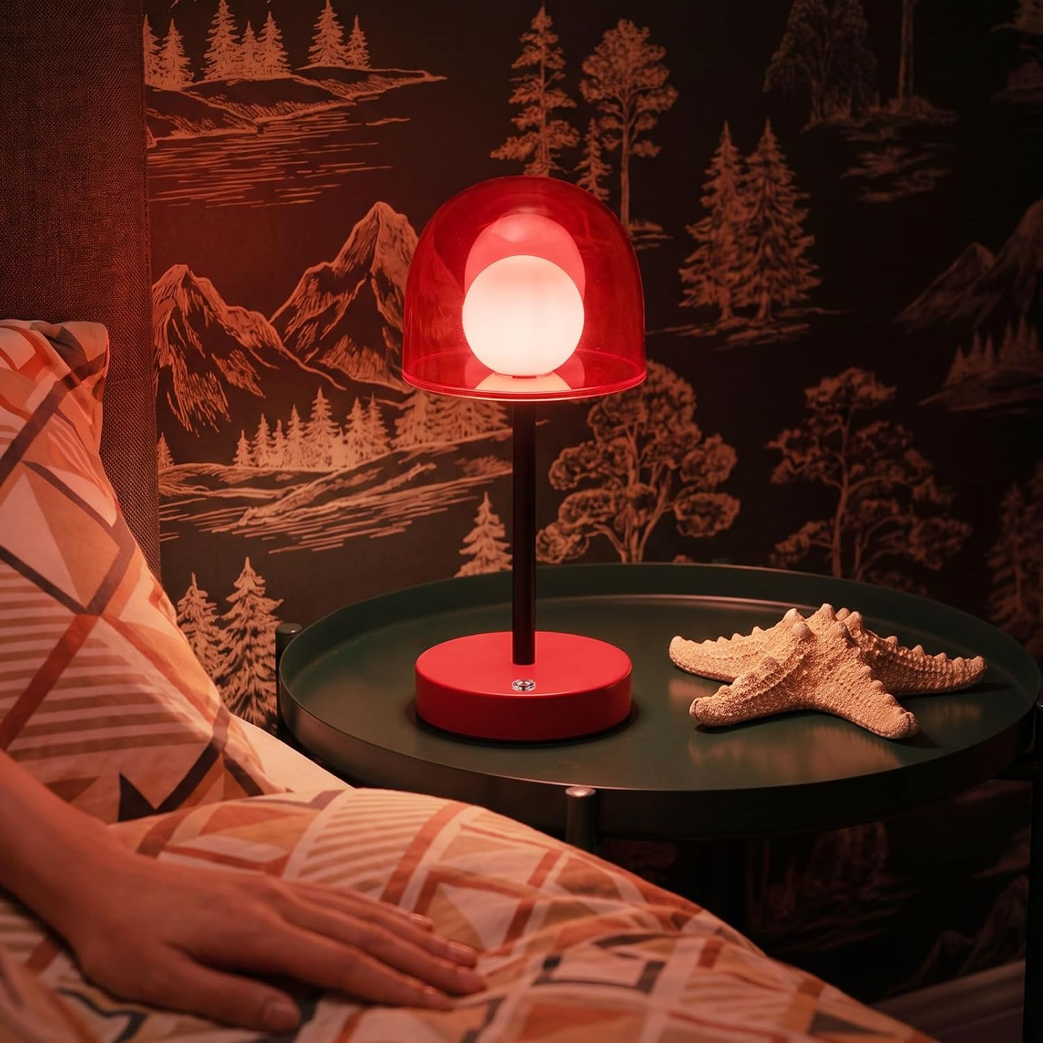 Eine rote Lampe mit weißer Kugel und ein Seestern auf grünem Tisch vor dunkler Berg-Tapete.