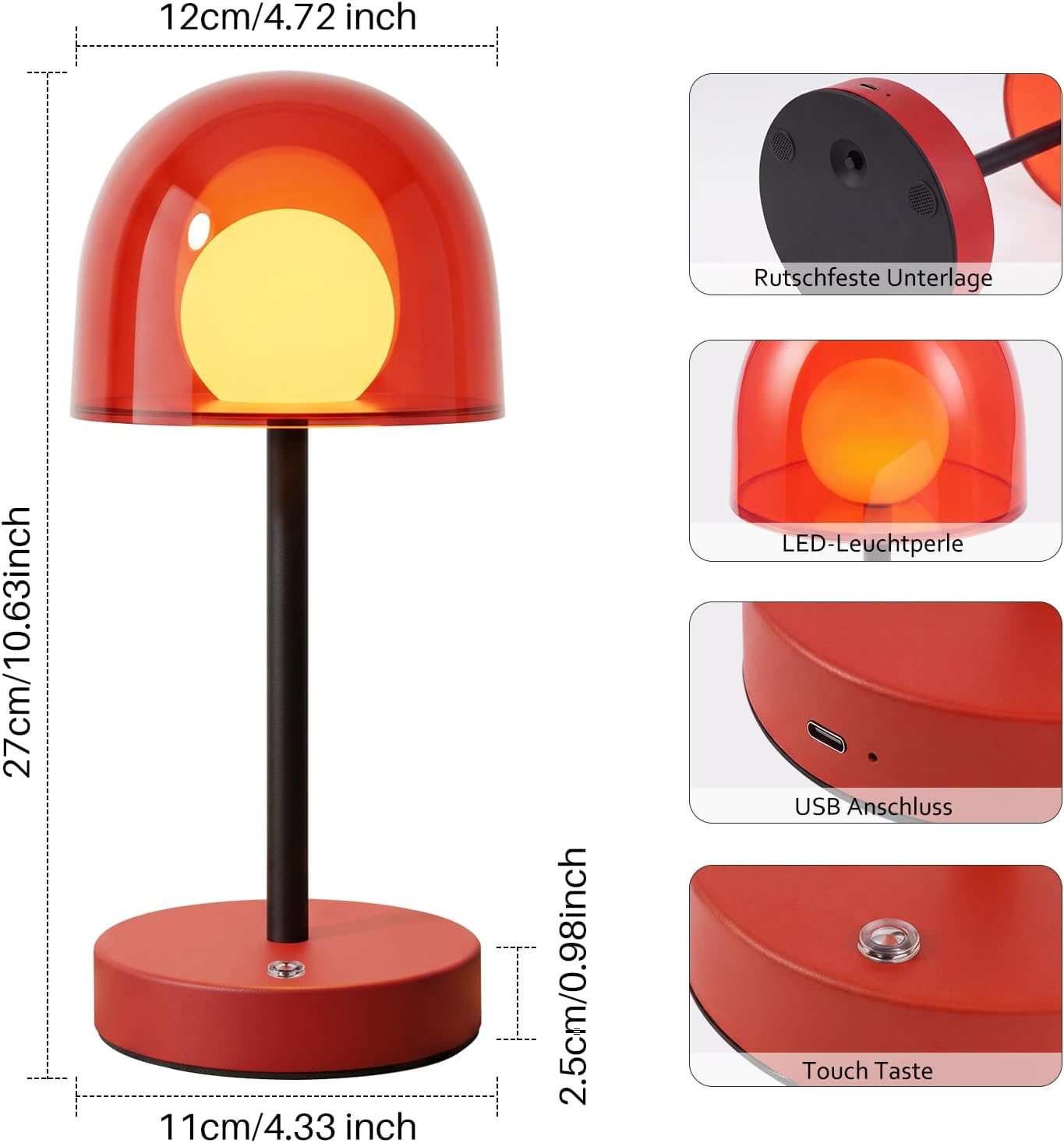 Rote Tischlampe mit Maßen und Detailansichten der Unterseite, LED, USB-Anschluss und Touch-Taste.