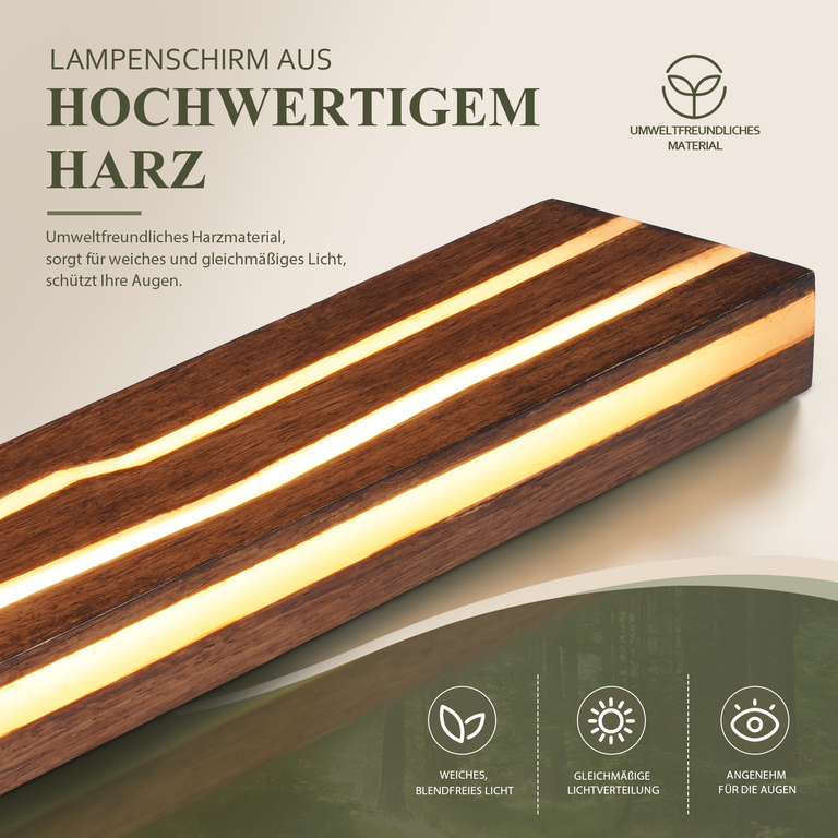 Eine rechteckige Holzlampe mit leuchtenden Harzstreifen, deutschem Text und Icons für umweltfreundliches Material und weiches Licht.