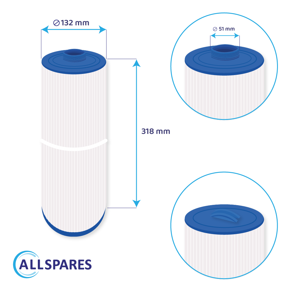 Diagramm eines blauen und weißen zylindrischen Wasserfilters mit Maßangaben von 132 mm, 318 mm und 51 mm Durchmesser.