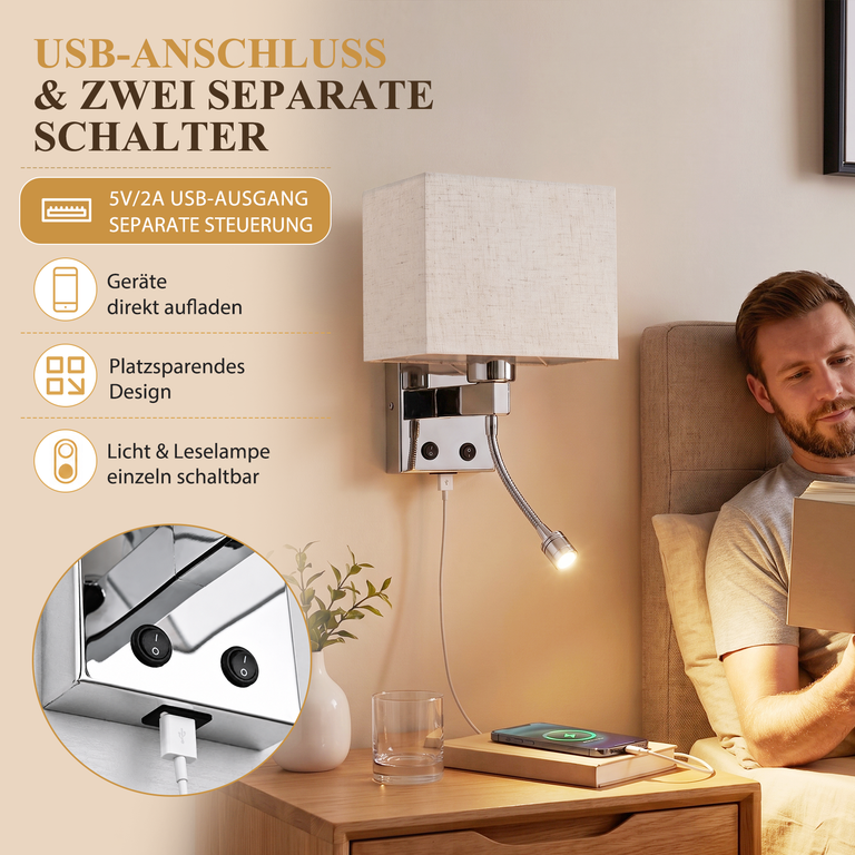 Wandlampe mit Stoffschirm und Leselicht über dem Bett, mit USB-Anschluss und separaten Schaltern.