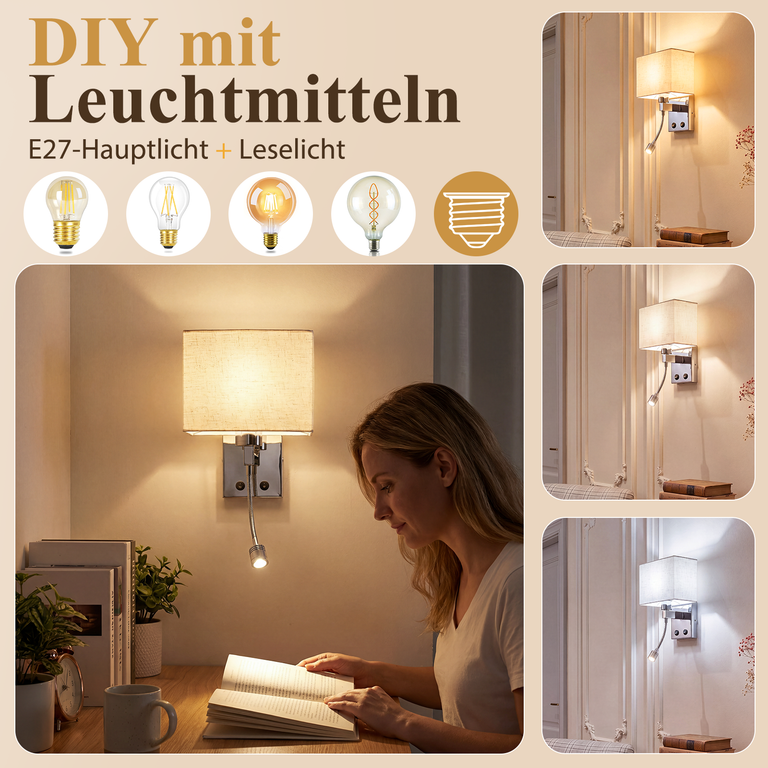Eine blonde Frau liest ein Buch unter einer Wandlampe mit flexibler Leselampe und Stoffschirm.