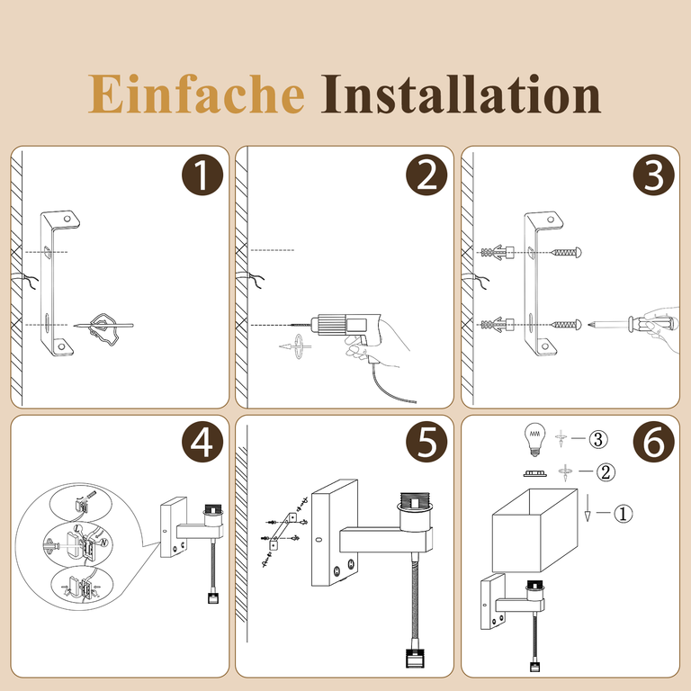 Sechs Schritte zur Installation einer Wandlampe mit Bohr- und Schraubanleitung.