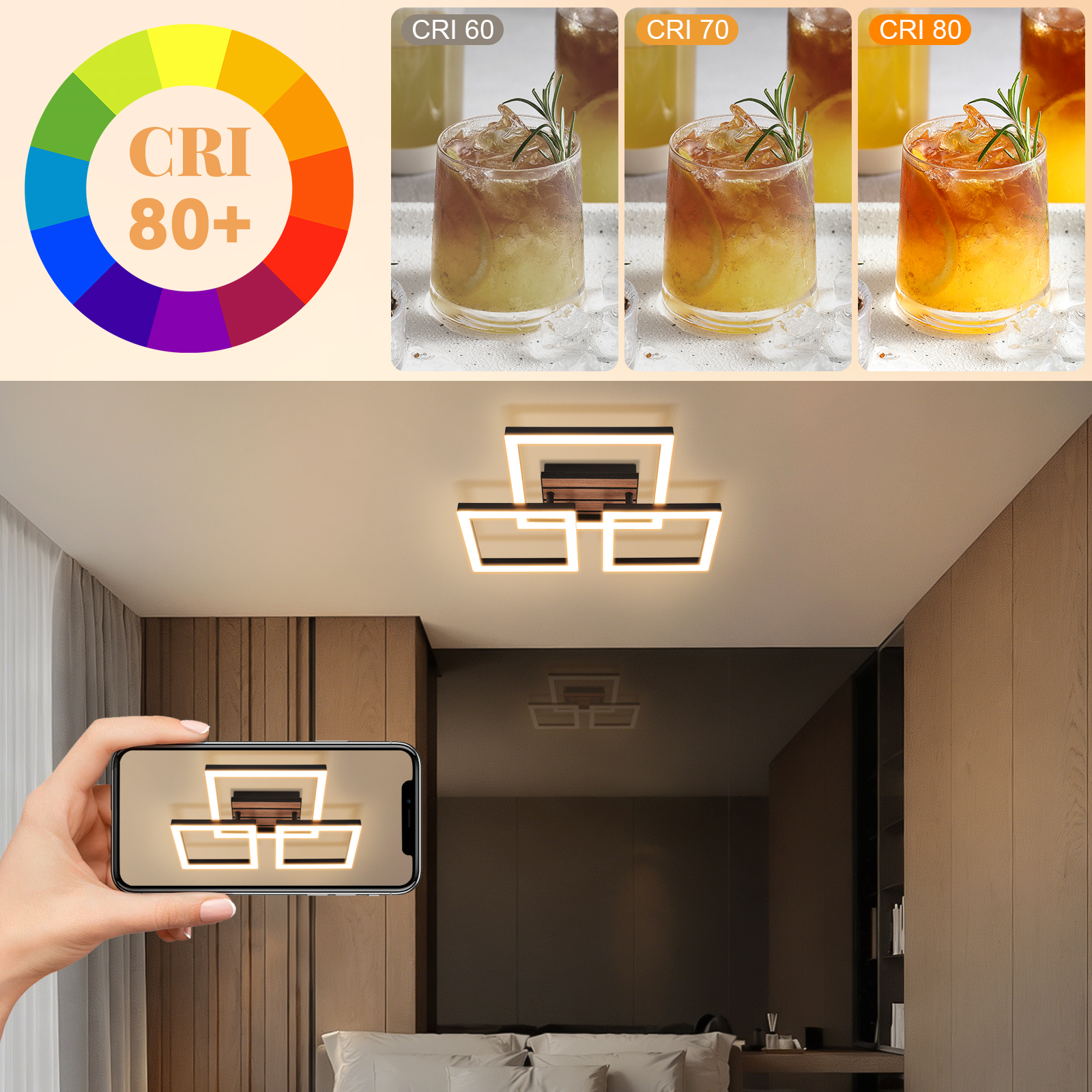 Moderne quadratische LED-Deckenleuchte in einem Raum, gesteuert per Smartphone-App.