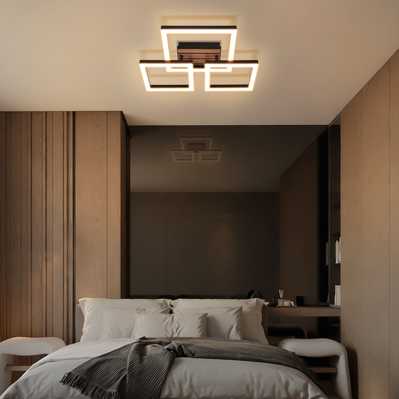 Ein modernes Schlafzimmer mit Holzwänden, einem großen Bett mit grauen Decken und einer quadratischen Deckenlampe.