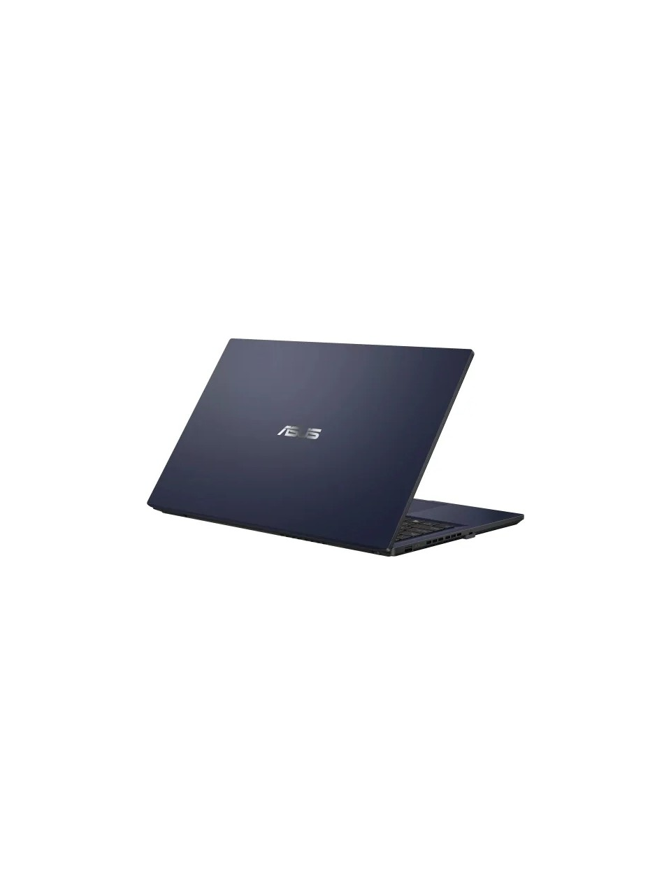 Koyu mavi bir ASUS dizüstü bilgisayar beyaz arka planda kapalı olarak duruyor.