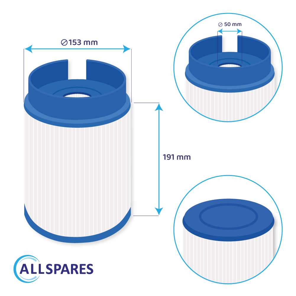 Diagramm eines blauen und weißen Filters mit Maßen von 153 mm und 191 mm.