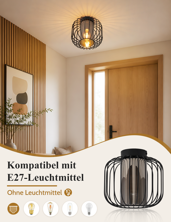 Schwarze Draht-Deckenleuchte im Flur mit Texten zu E27-Leuchtmitteln.