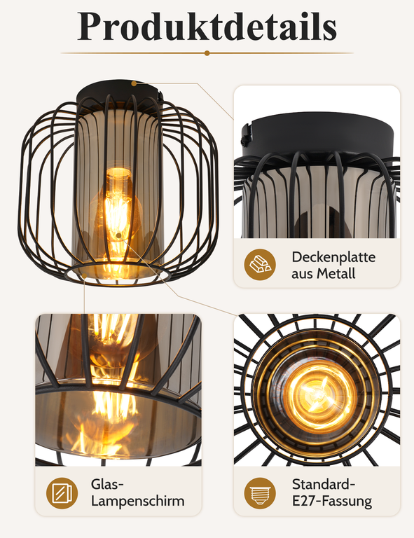 Produktdetails einer Deckenleuchte mit Metallgitter, Glastenschirm und E27-Fassung.