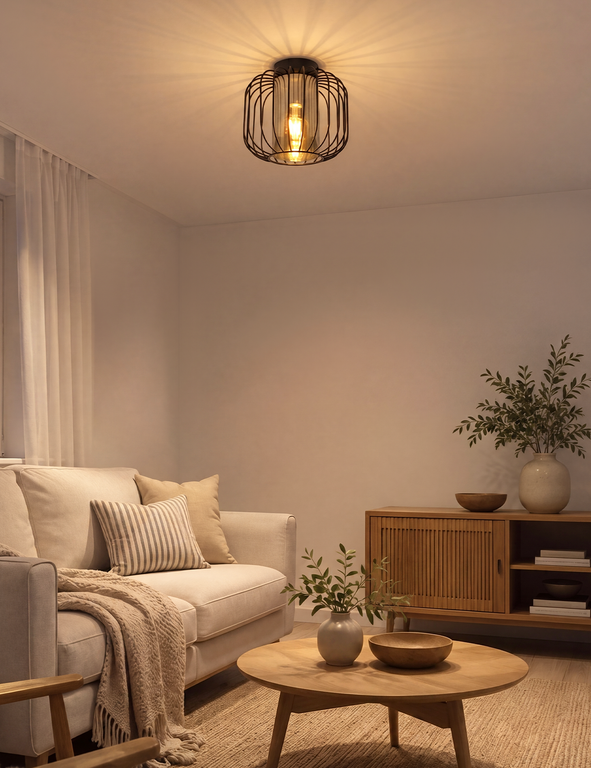 Gemütliches Wohnzimmer mit weißem Sofa, rundem Holztisch, Sideboard und einer Deckenlampe, die Lichtstrahlen wirft.