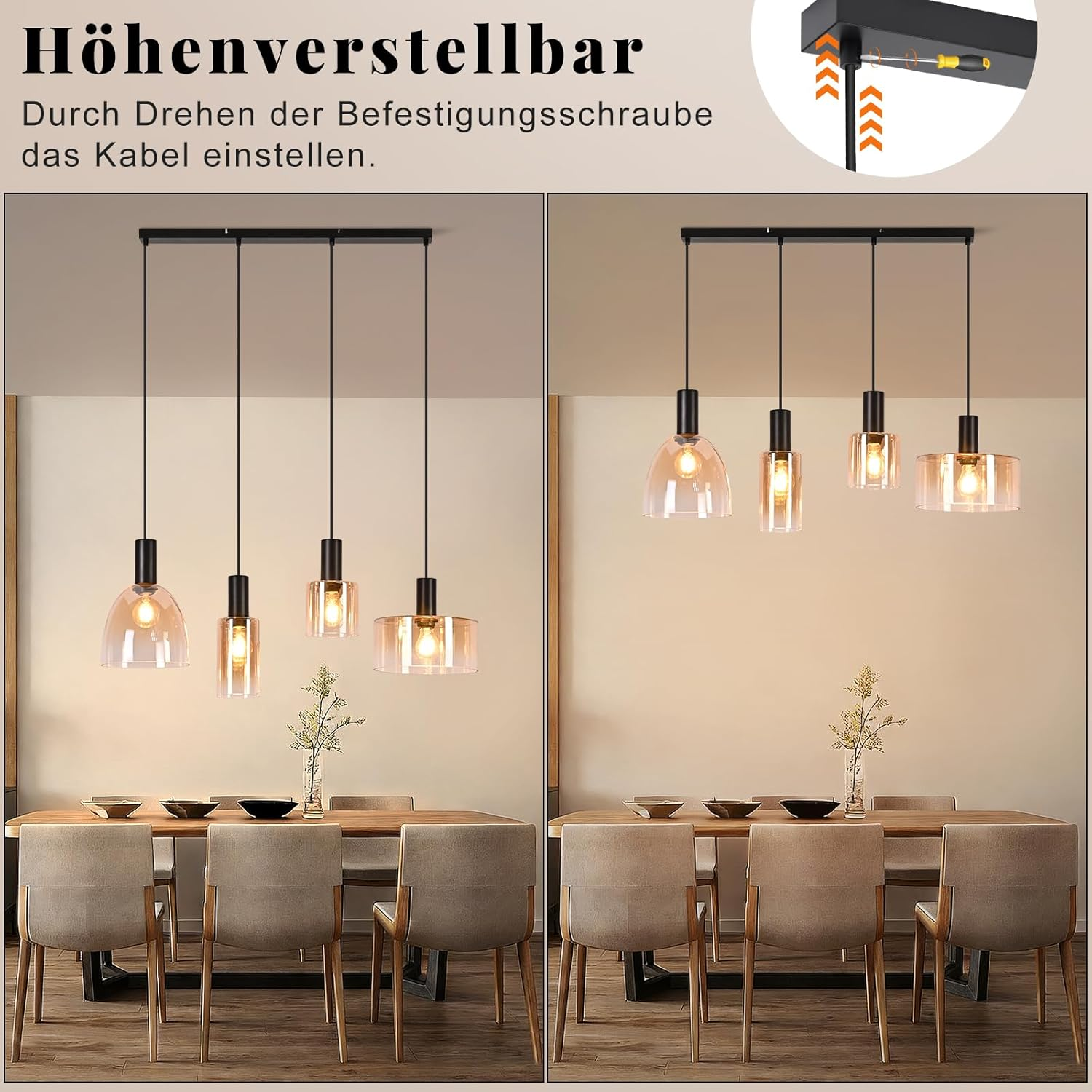 Diagramm zeigt, wie man die Hängeleuchte über eine Schraube höhenverstellt.