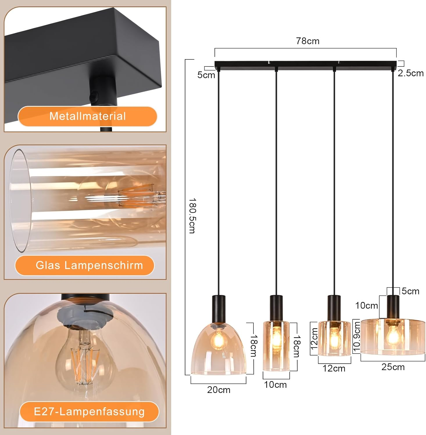 Technische Zeichnung und Details einer vierflammigen Hängeleuchte mit Glas-Lampenschirmen.