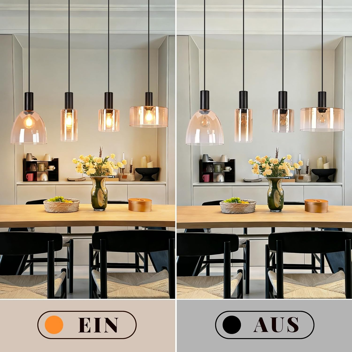 Esstisch mit vier Hängeleuchten über ihm, links eingeschaltet mit warmem Licht, rechts ausgeschaltet.