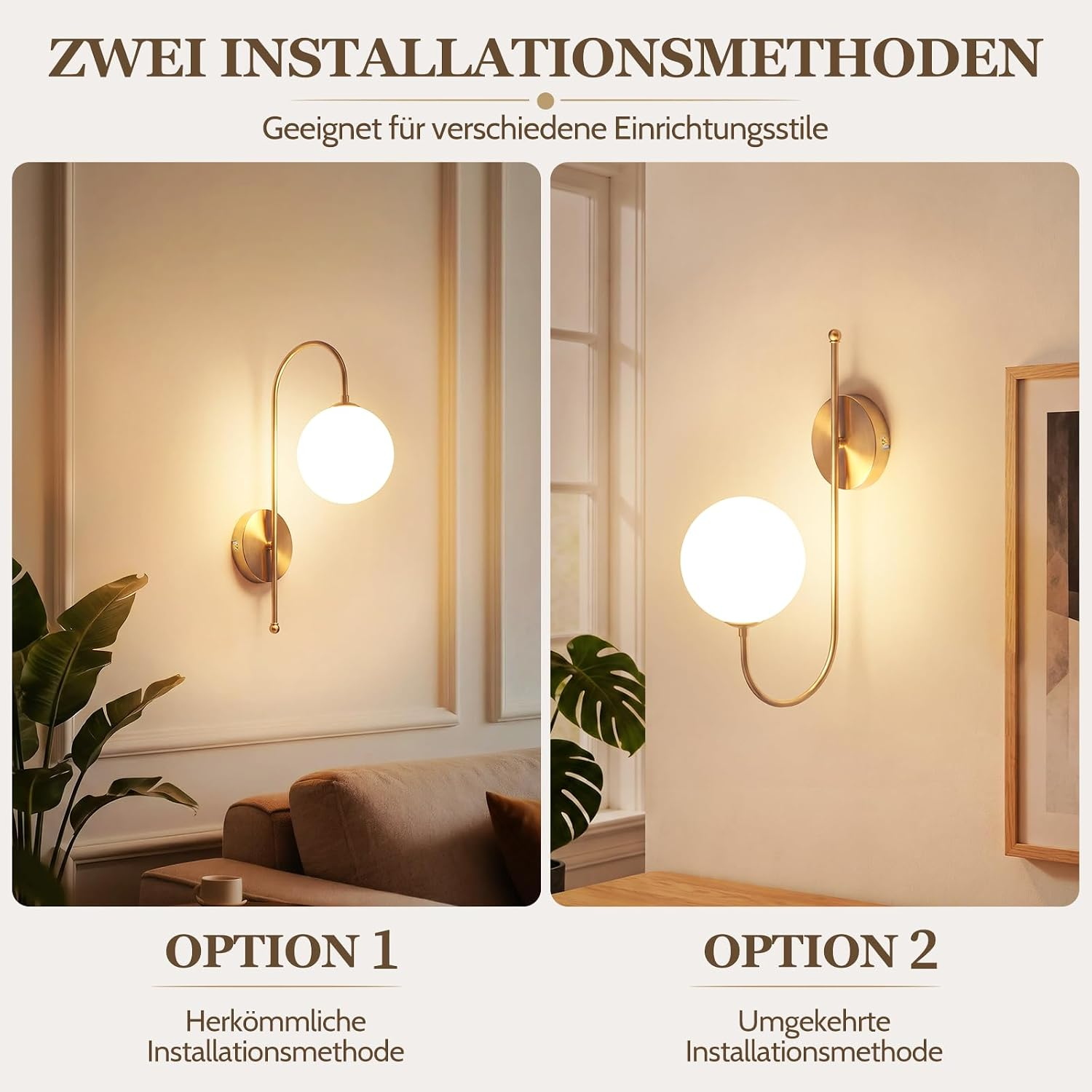 Zwei Installationsmethoden für eine goldene Wandlampe mit weißer Glaskugel in einem hellen Raum.