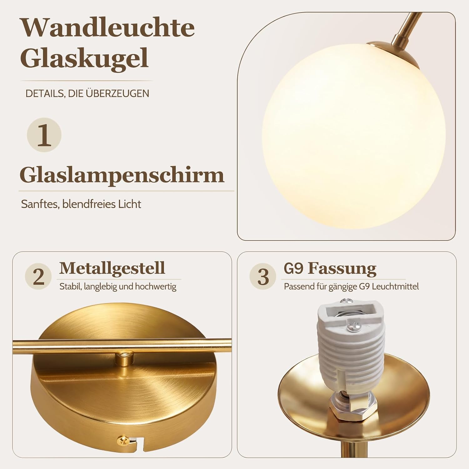Wandleuchte mit Glaskugel, goldenem Metallgestell und G9-Fassung.