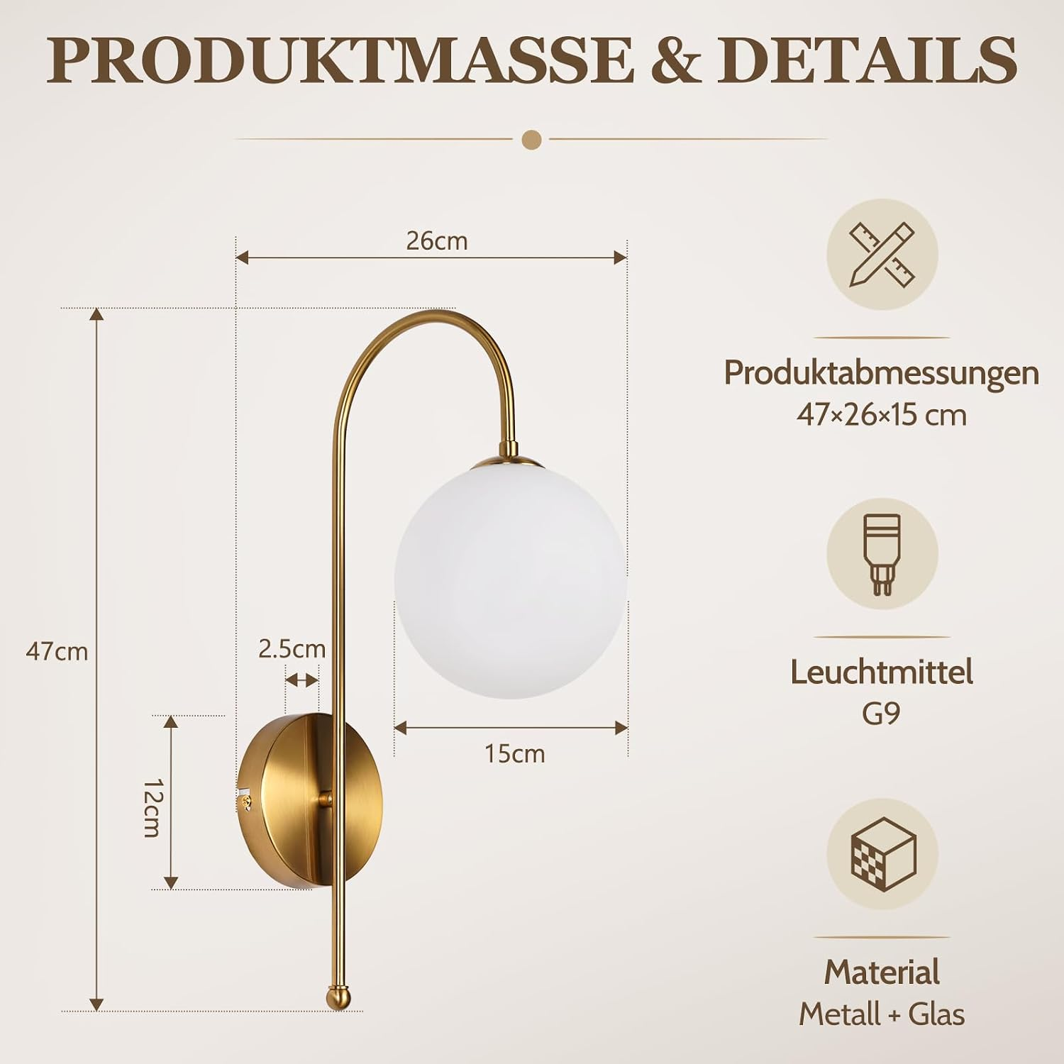 Technische Zeichnung einer goldenen Wandleuchte mit weißer Glaskugel und Maßangaben.