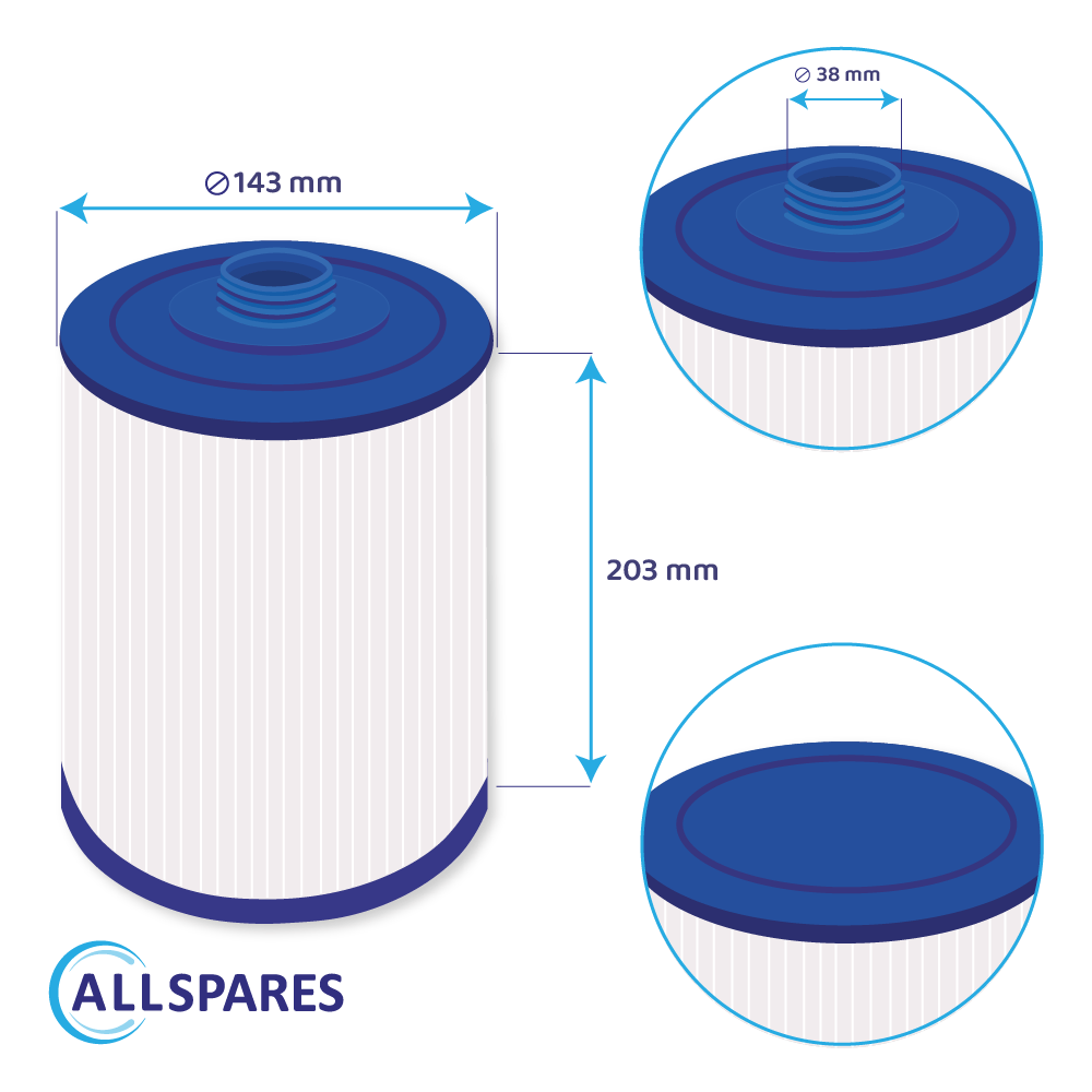 Technische Zeichnung eines zylindrisch blau-weißen Filters mit Abmessungen: Durchmesser 143 mm, Höhe 203 mm, Hals 38 mm.