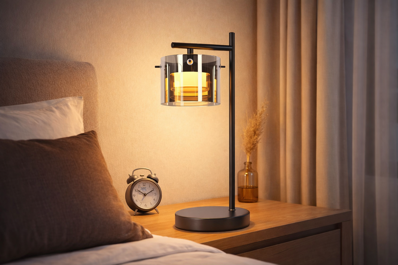 Eine moderne schwarze Tischlampe mit gelbem Licht auf einem Nachttisch neben einem Bett und Wecker.