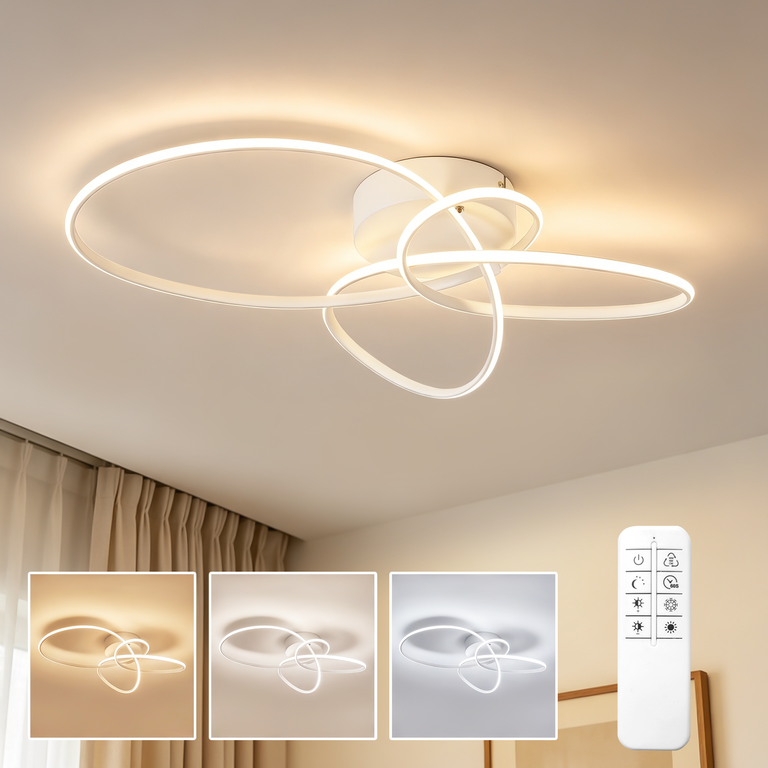 Moderne weiße LED-Deckenleuchte mit verschlungenen Ringen und einer Fernbedienung.