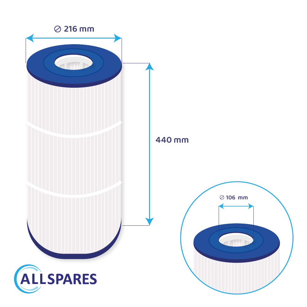 Diagramm eines blauen und weißen Poolfilters mit den Maßen 216 mm Durchmesser und 440 mm Höhe.