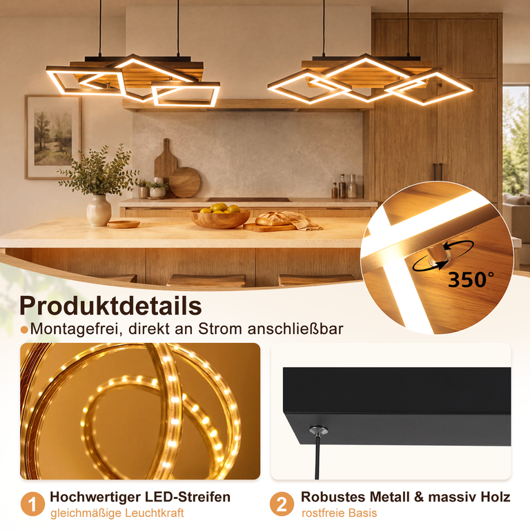 Moderne Hängeleuchte aus Holz über einer Kücheninsel, mit LED-Streifen und Produktdetails.