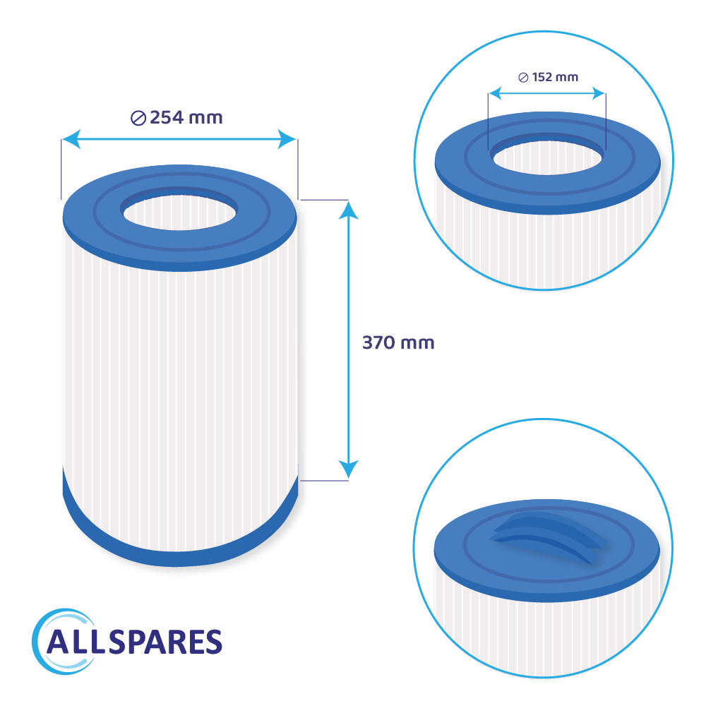 Technische Zeichnung eines blauen und weißen zylindrischen Filters mit Maßangaben von 254 mm, 370 mm und 152 mm.
