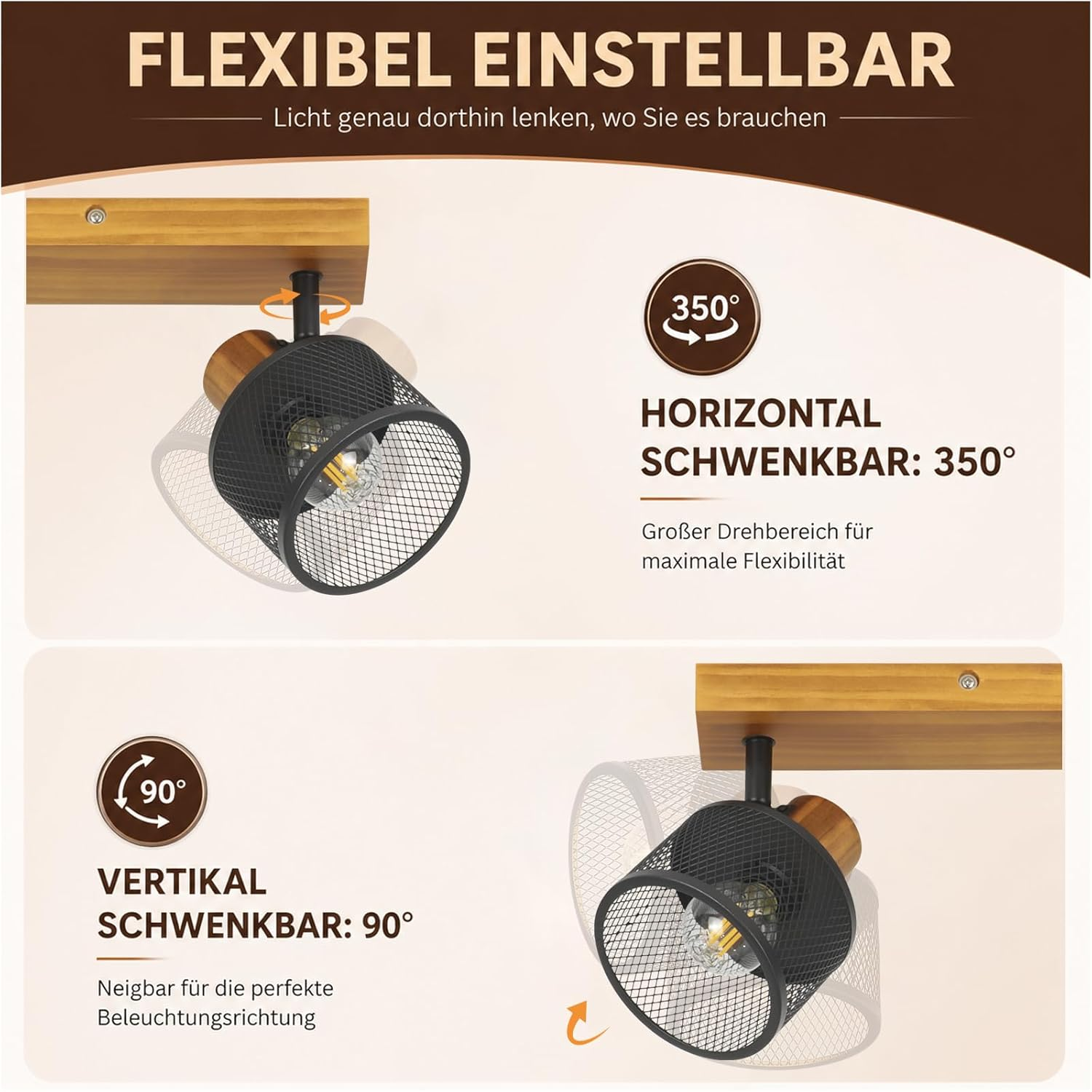 Holzlampe mit schwarzem Metallgitter, 350 Grad horizontal und 90 Grad vertikal schwenkbar.