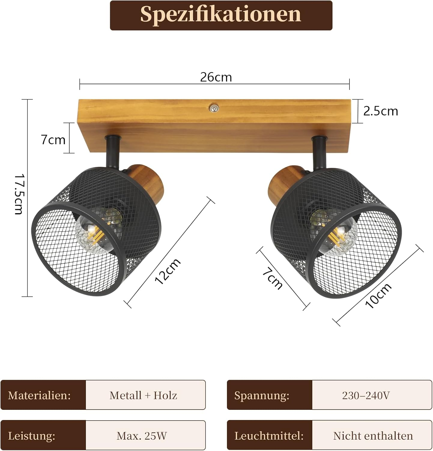 Technische Zeichnung einer Holz-Deckenleuchte mit zwei schwarzen Netzschirmen und Maßen.