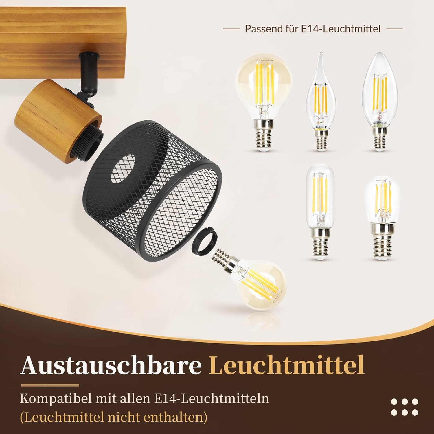 Holzlampe mit schwarzem Metallgitter und austauschbaren E14-Leuchtmitteln.