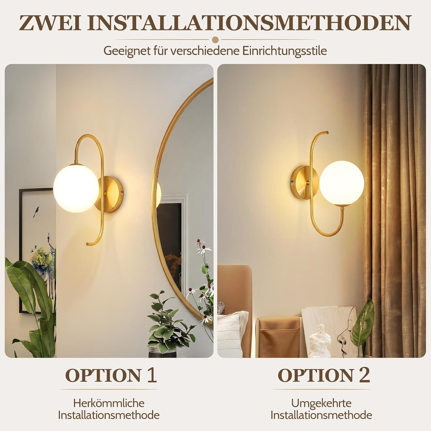 Zwei Installationsoptionen für eine goldene Wandleuchte mit weißer Glaskugel.