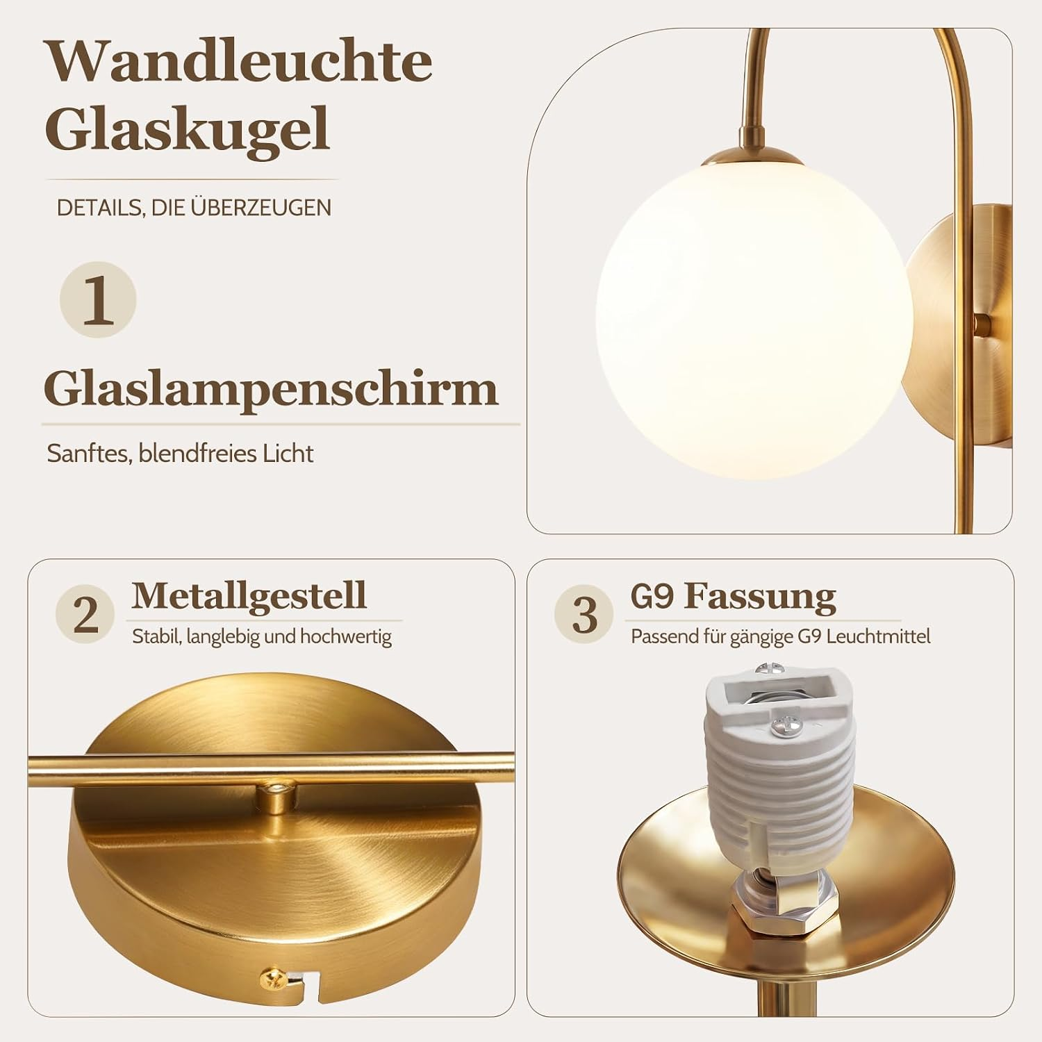 Produktinfografik einer goldenen Wandleuchte mit weißer Glaskugel, Metallgestell und G9 Fassung.
