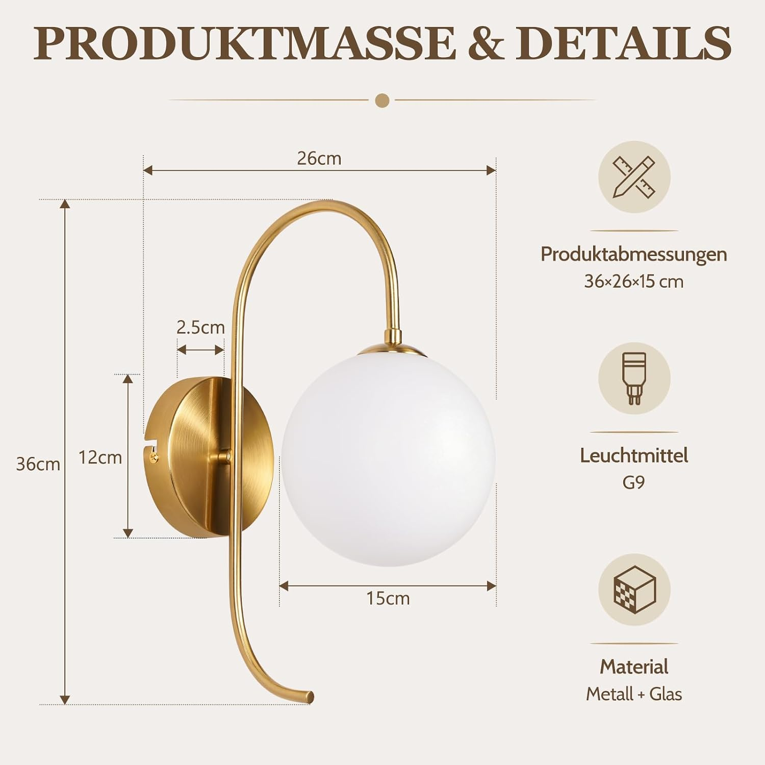 Technische Zeichnung einer goldenen Wandlampe mit weißer Glaskugel und Maßangaben.