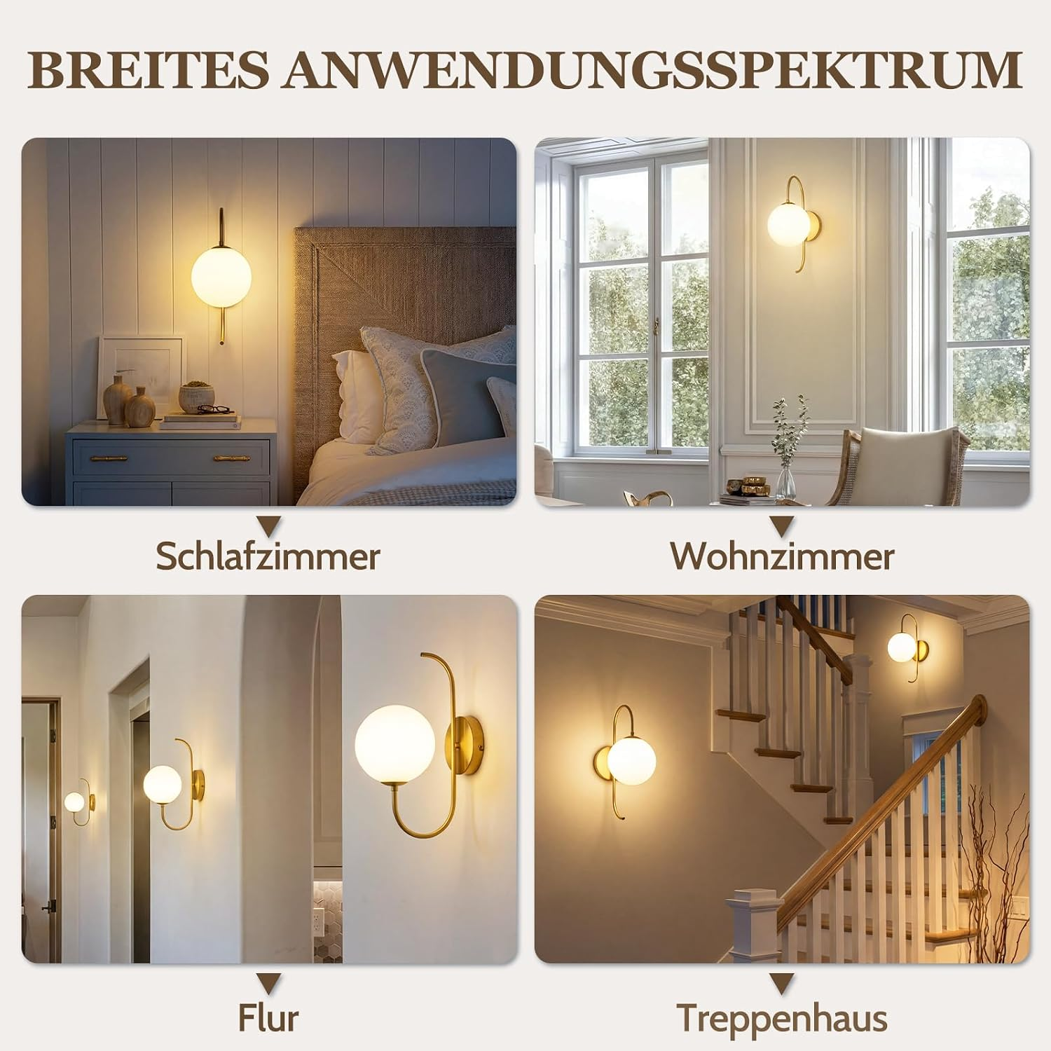 Vier Bilder zeigen eine goldene und weiße Kugel-Wandlampe im Schlafzimmer, Wohnzimmer, Flur und Treppenhaus.