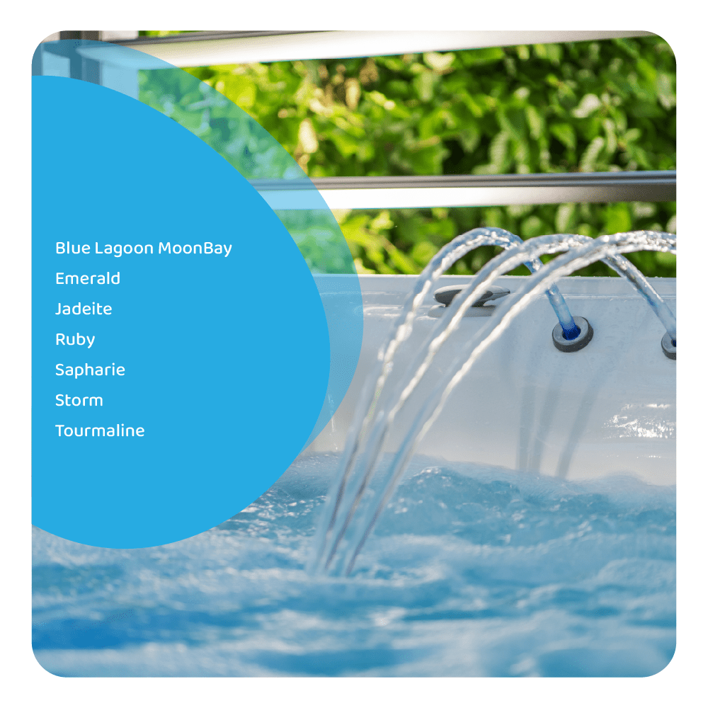 Wasserstrahlen spritzen in einen Whirlpool mit Text über Farboptionen.