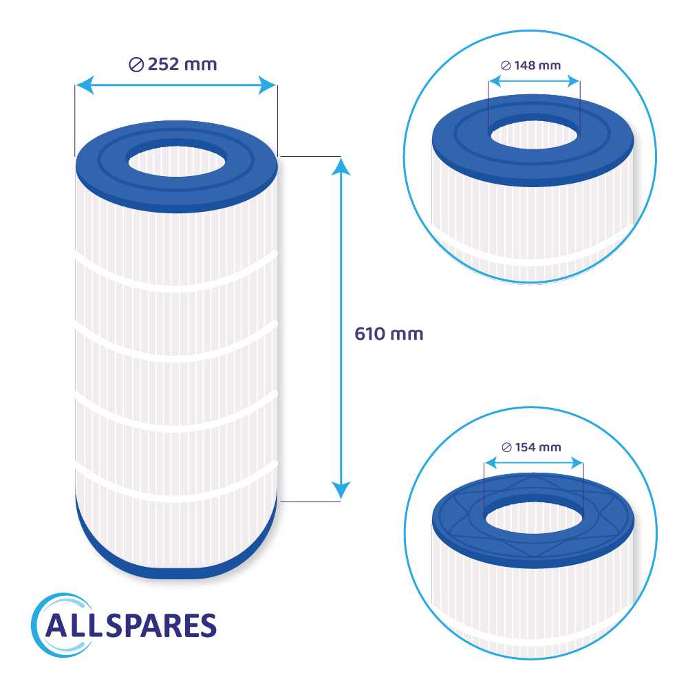 Diagramm eines runden, weißen und blauen Poolfilters mit genauen Maßangaben.