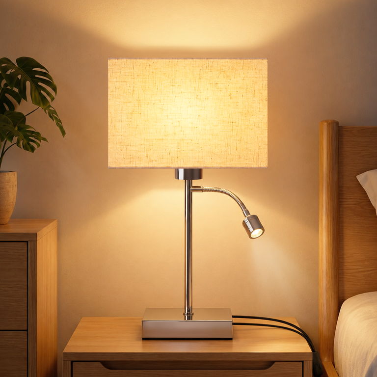 Eine Nachttischlampe mit Stoffschirm und Leselicht auf Holzschrank.