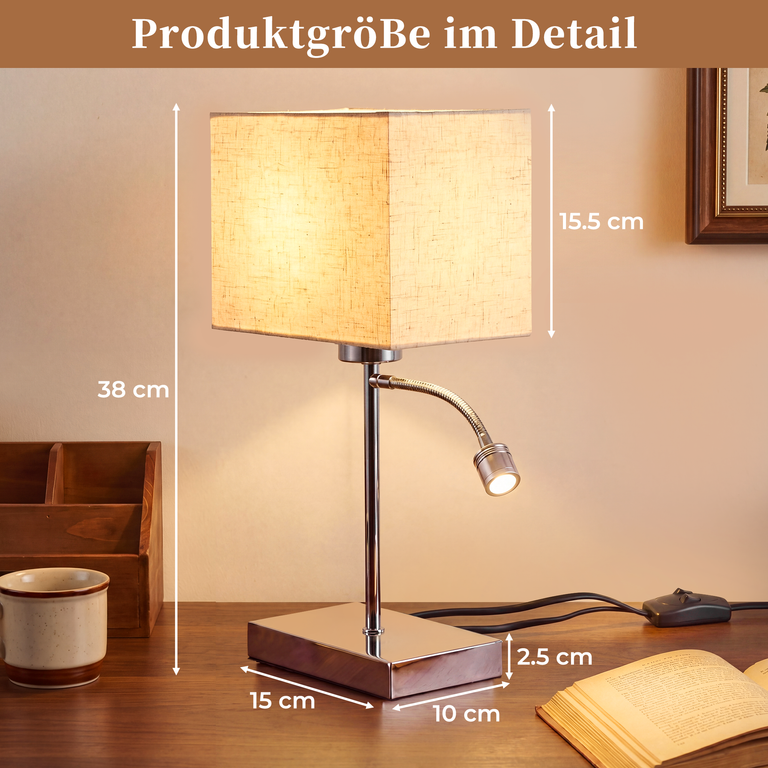 Tischlampe mit Stoffschirm und Leselicht zeigt Maße: Höhe 38 cm, Schirm 15.5 cm, Basis 15x10 cm und 2.5 cm dick.