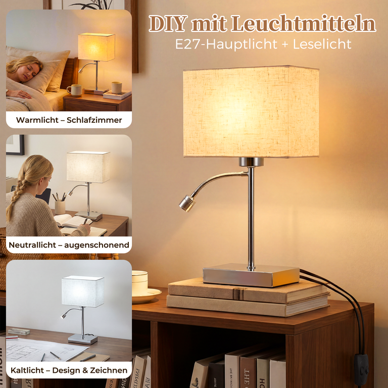 Moderne Nachttischlampe mit E27 Hauptlicht und verstellbarem Leselicht auf einem Holztisch.
