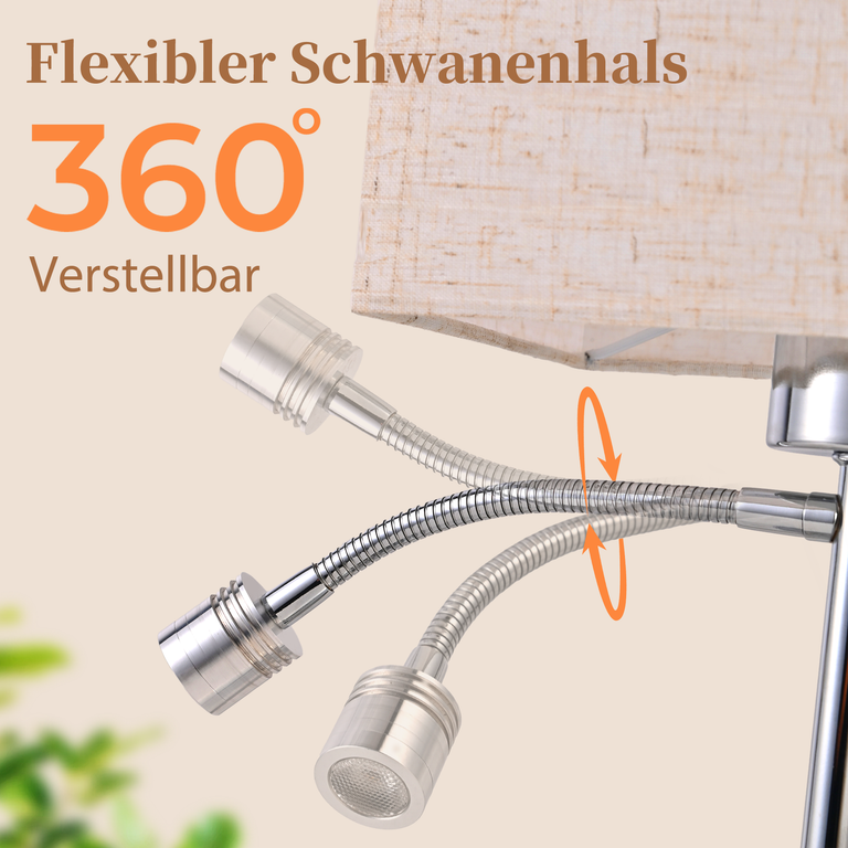 Eine flexible Schwanenhalslampe mit 360-Grad-Verstellung und einem hellen Stoffschirm.