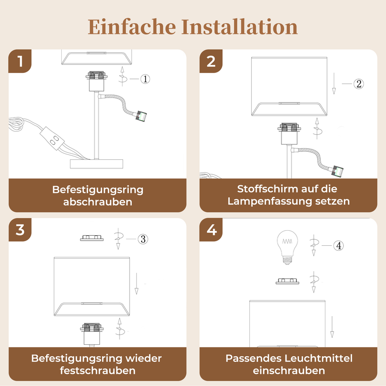 Vier Schritte zur Montage einer Tischlampe, gezeichnet in Schwarz-Weiß auf beige Hintergrund.